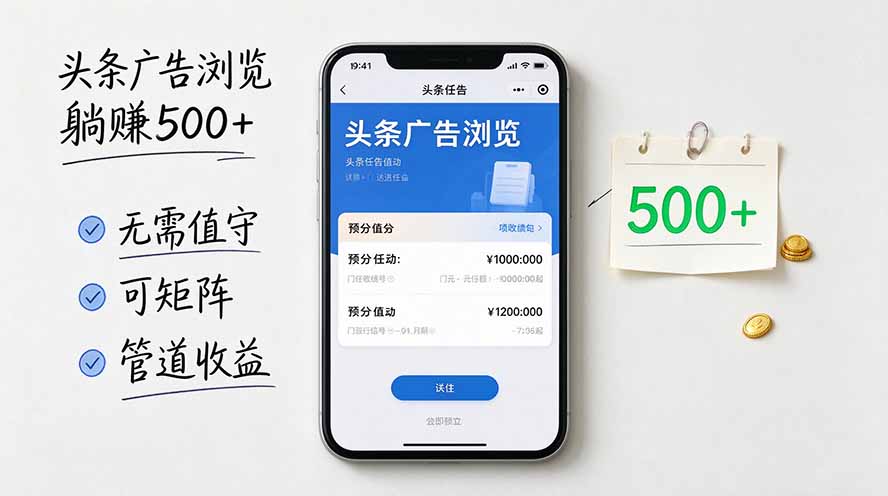 头条广告浏览躺赚500+无需值守，可矩阵并附有管道收益-轻资本网