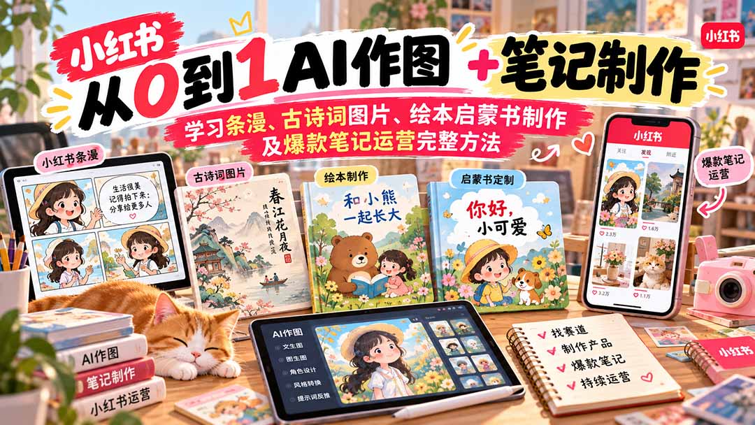 2026小红书AI内容创作从0到1-更新1009：学习条漫、古诗词图片、绘本启蒙书制作及爆款笔记运营完整方法-轻资本网