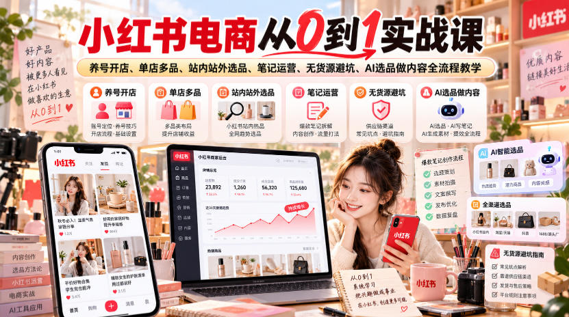 小红书电商从0到1实战课｜养号开店、单店多品、站内站外选品、笔记运营、无货源避坑、AI选品做内容全流程教学-轻资本网