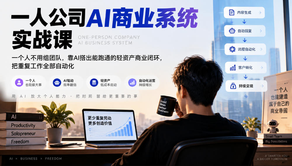 一人公司AI商业系统实战课，一个人不用组团队，靠AI搭出能跑通的轻资产商业闭环，把重复工作全部自动化-轻资本网