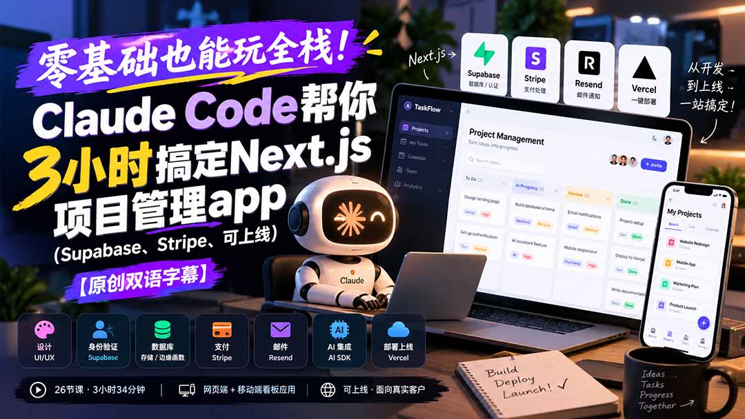 零基础也能玩全栈！Claude Code帮你3小时搞定Next.js项目管理app(Supabase、Stripe、可上线-轻资本网