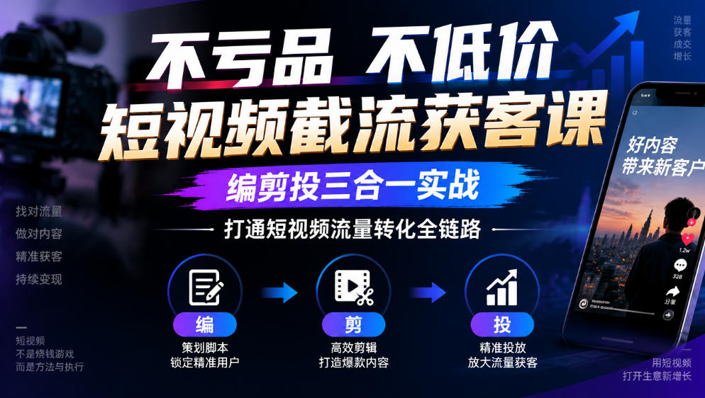 不亏品不低价短视频截流获客课，编剪投三合一实战，打通短视频流量转化全链路-轻资本网