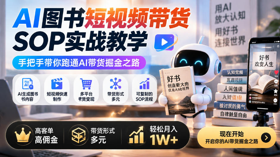 AI图书短视频带货SOP实战教学，手把手带你跑通AI带货掘金之路，高客单高佣金，带货形式多元，轻松月入1W+-轻资本网