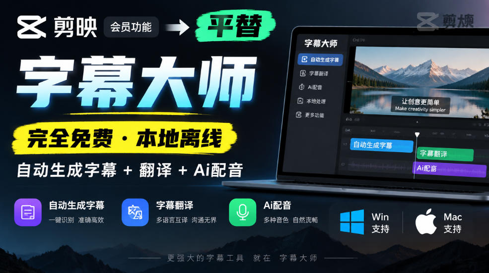 剪映会员功能平替，字幕大师完全免费本地离线，支持自动生成字幕+翻译+Ai配音，Win和Mac都支持！-轻资本网