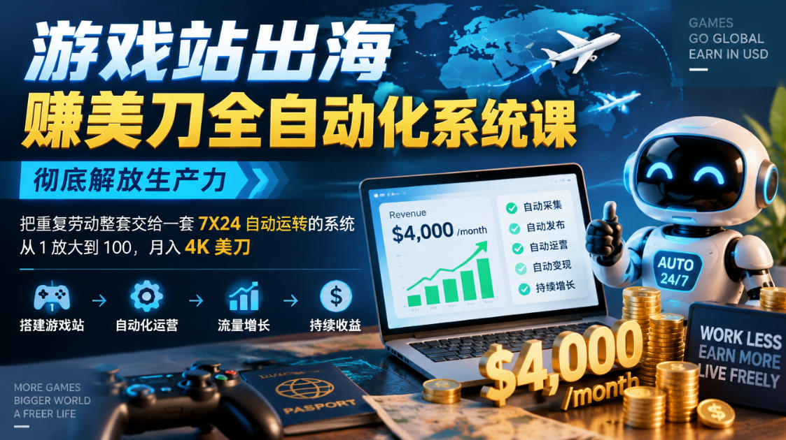 游戏站出海賺美刀全自动化系统课，彻底解放生产力–把重复劳动整套交给一套7X24自动运转的系统，从1放大到100，月入4K美刀-轻资本网