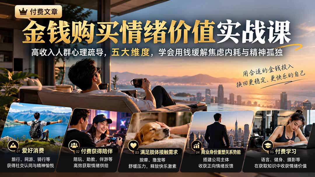 付费文章：金钱购买情绪价值实战课｜高收入人群心理疏导，五大维度，学会用钱缓解焦虑内耗与精神孤独-轻资本网