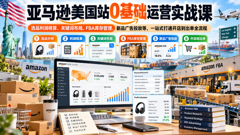亚马逊美国站0基础运营实战课｜选品利润核算、关键词布局、FBA库存管理、新品广告投放等，一站式打通开店到出单全流程-轻资本网