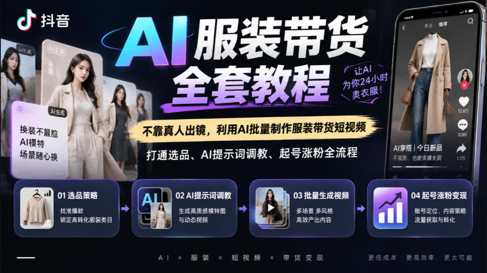 抖音AI服装带货全套教程，不靠真人出镜，利用AI批量制作服装带货短视频，打通选品、AI提示词调教、起号涨粉全流程-轻资本网