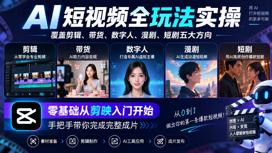 AI短视频全玩法实操，覆盖剪辑、带货、数字人、漫剧、短剧五大方向，零基础从剪映入门开始，手把手带你完成完整成片-轻资本网