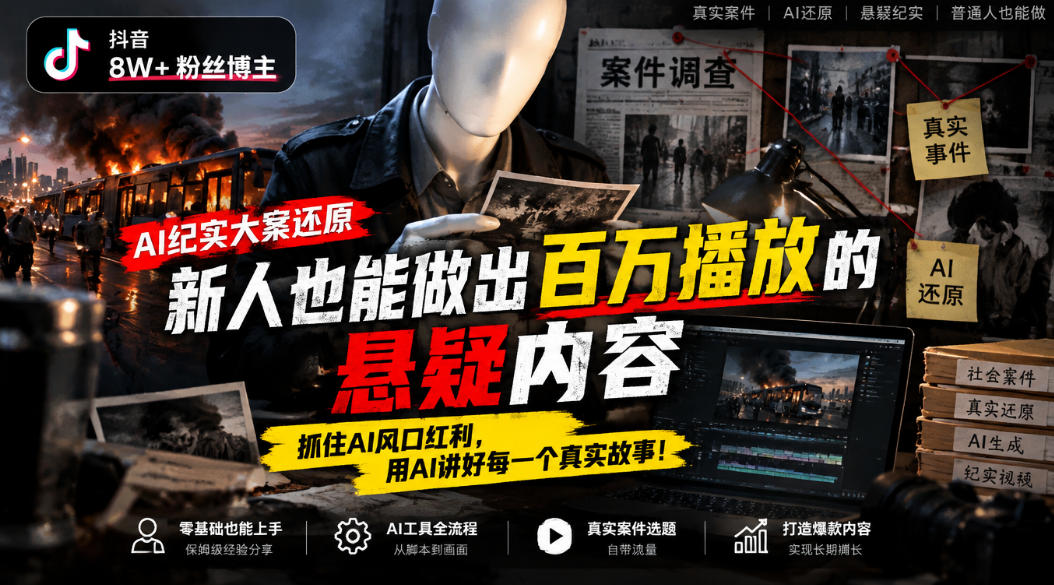 抖音8W粉丝博主的AI纪实大案还原教学，新人也能做出百W播放的悬疑内容，抓住AI风口红利，用AI讲好每一个真实故事(更新1014)-轻资本网