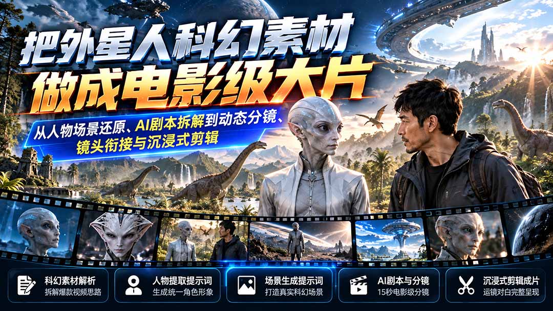 把外星人科幻素材做成电影级大片：从人物场景还原、AI剧本拆解到动态分镜、镜头衔接与沉浸式剪辑-轻资本网