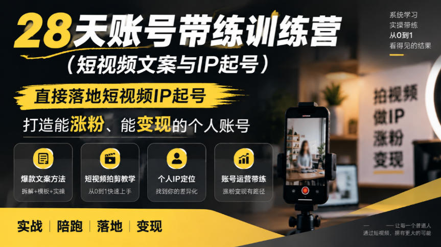 28天账号带练训练营(短视频文案与IP起号)，直接落地短视频IP起号，打造能涨粉、能变现的个人账号-轻资本网