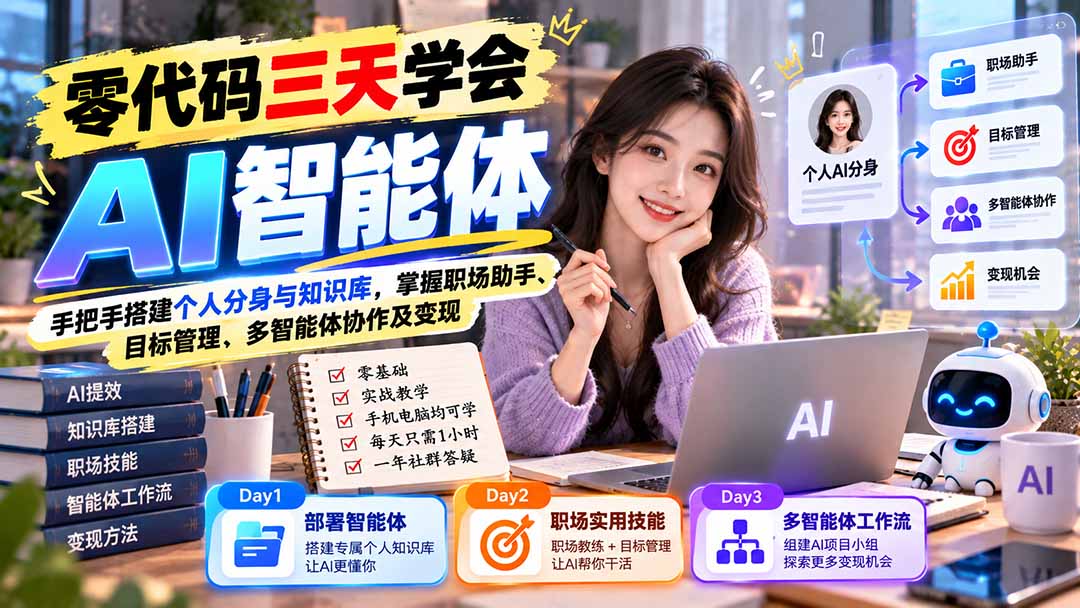 【无水印】零代码三天学会AI智能体：手把手搭建个人分身与知识库，掌握职场助手、目标管理、多智能体协作及变现-轻资本网
