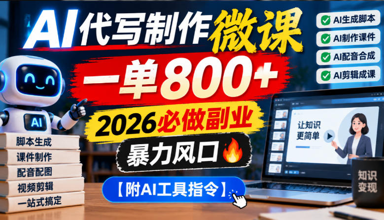AI代写制作微课，一单800+，2026必做副业，暴力风口【附AI工具指令】【揭秘】-轻资本网