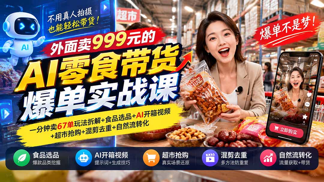 外面卖999元的AI零食带货爆单实战课｜一分钟卖67单玩法拆解+食品选品+AI开箱视频+超市抢购+混剪去重+自然流转化-轻资本网