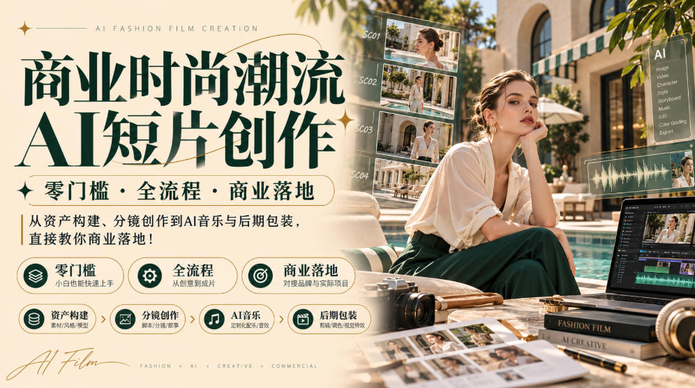 商业时尚潮流AI短片创作｜零门槛・全流程・商业落地，从资产构建、分镜创作到AI音乐与后期包装，直接教你商业落地！-轻资本网