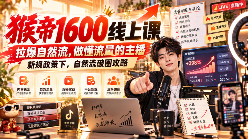 猴帝1600线上课，拉爆自然流，做懂流量的主播，新规政策下，自然流破圈攻略【更新261017】-轻资本网