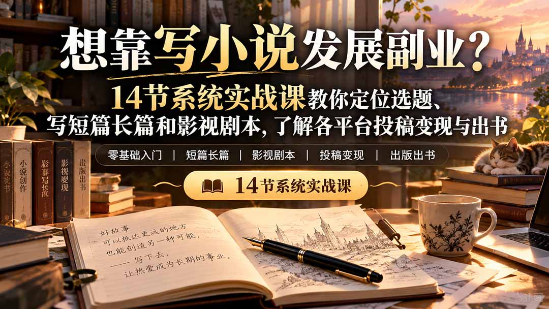 【无水印】想靠写小说发展副业？14节系统实战课教你定位选题、写短篇长篇和影视剧本，了解各平台投稿变现与出书-轻资本网
