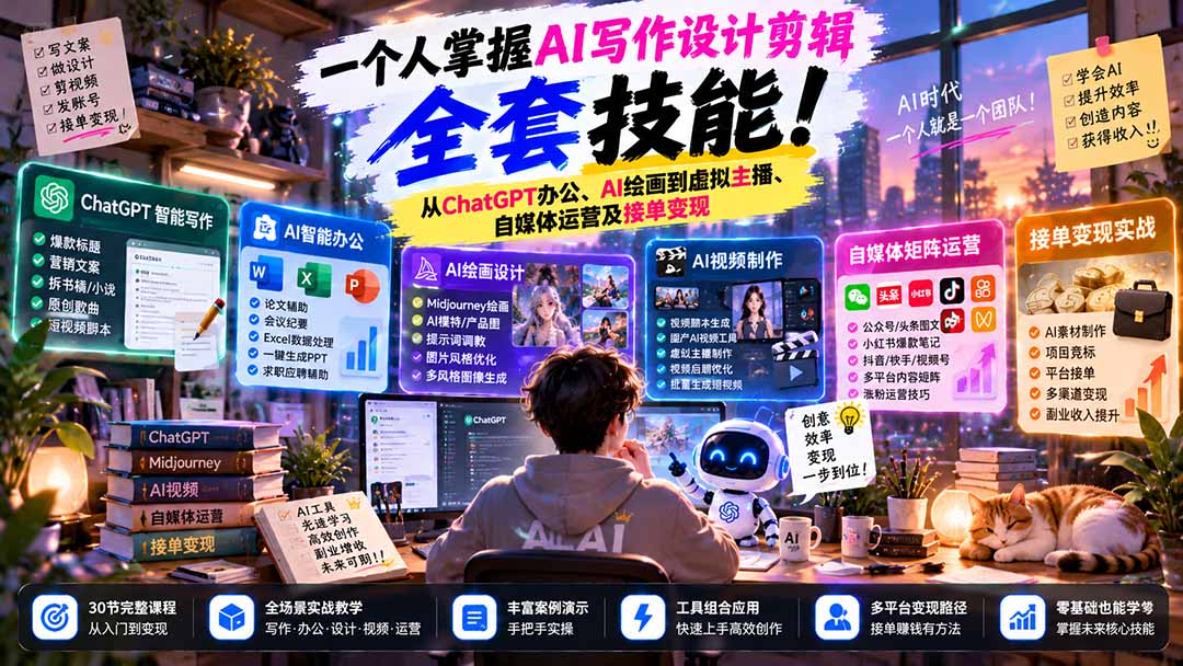 一个人掌握AI写作设计剪辑全套技能：从ChatGPT办公、AI绘画到虚拟主播、自媒体运营及接单变现-轻资本网