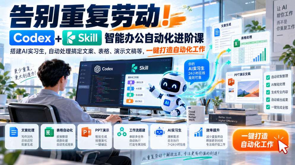 告别重复劳动！Codex+Skill智能办公自动化进阶课｜搭建AI实习生，自动处理搞定文案、表格、演示文稿等，一键打造自动化工作-轻资本网
