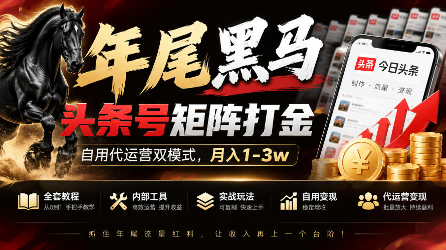 【年尾黑马】头条号矩阵打金，自用代运营双模式，月入1-3w，附全套教程及内部工具【揭秘】-轻资本网