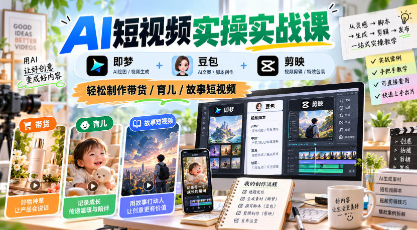 AI短视频实操实战课，即梦+豆包+剪映，轻松制作带货/育儿/故事短视频-轻资本网