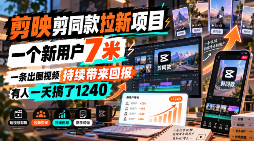 剪映剪同款拉新项目，一个新用户7米，一条出圈视频持续带来回报，有人一天搞了1240-轻资本网