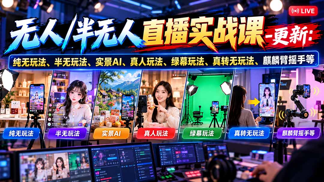 无人/半无人直播实战课-10月20更新：纯无玩法、半无玩法、实景AI、真人玩法、绿幕玩法、真转无玩法、麒麟臂摇手等-轻资本网