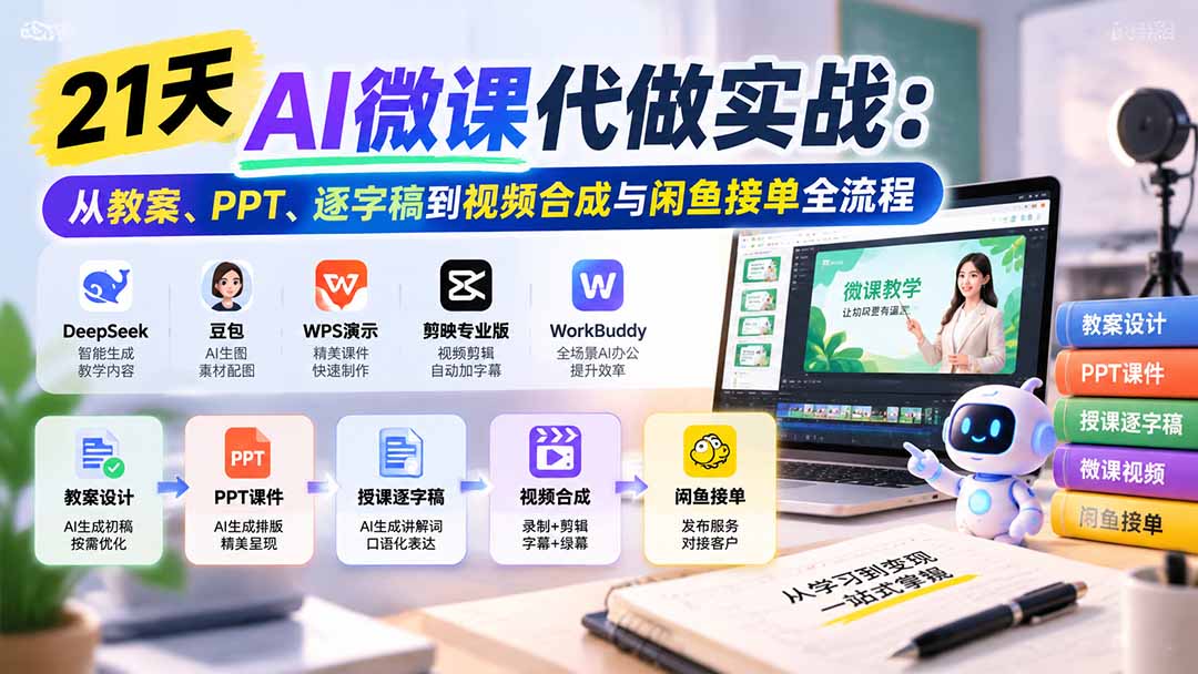 21天AI微课代做实战：从教案、PPT、逐字稿到视频合成与闲鱼接单全流程-轻资本网