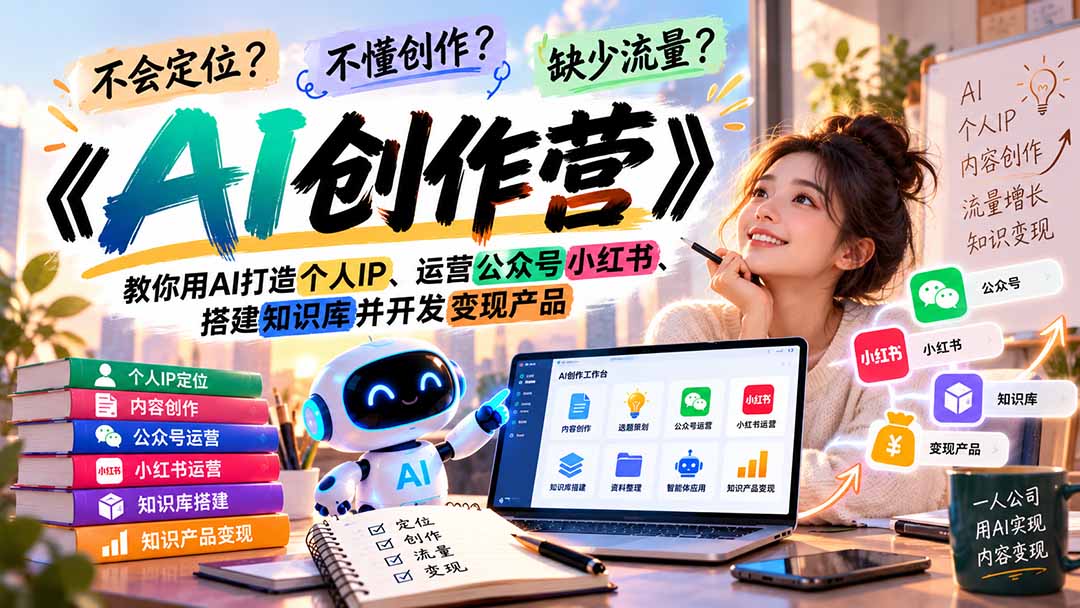 不会定位、不懂创作、缺少流量？《AI创作营》教你用AI打造个人IP、运营公众号小红书、搭建知识库并开发变现产品-轻资本网