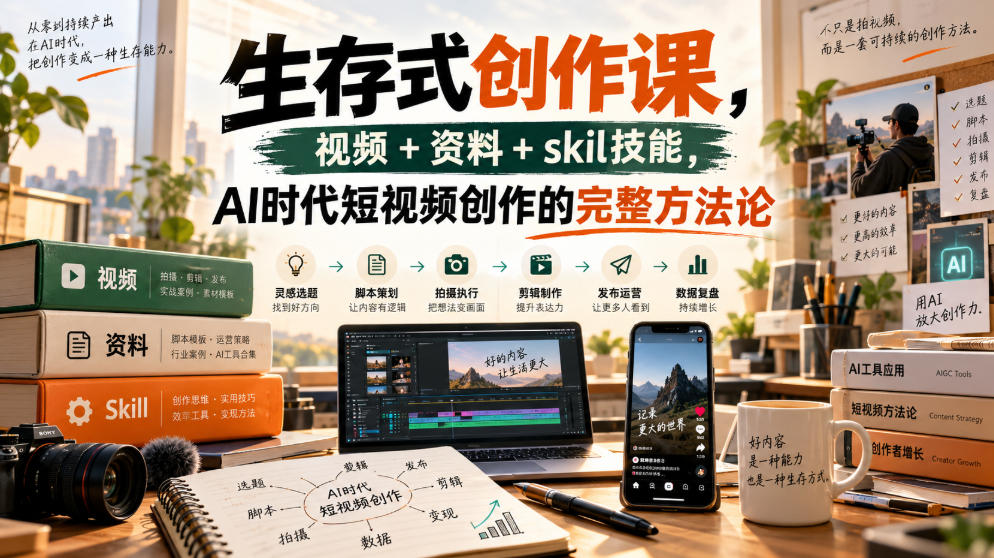 生存式创作课，视频+资料+skil技能，ai时代短视频创作的完整方法论-轻资本网