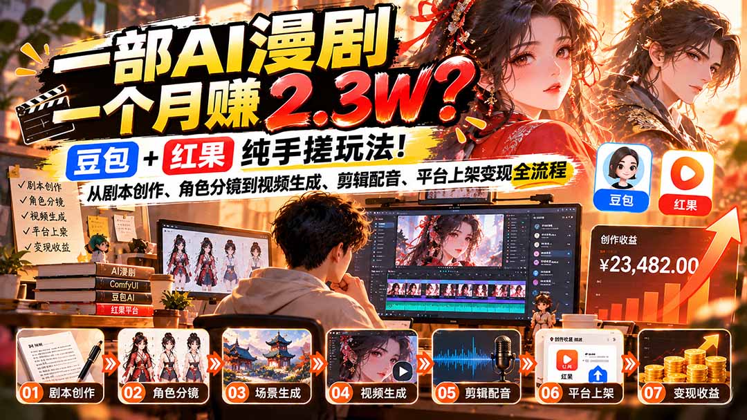 一部AI漫剧一个月赚2.3W？豆包+红果纯手搓玩法！从剧本创作、角色分镜到视频生成、剪辑配音、平台上架变现全流程-轻资本网