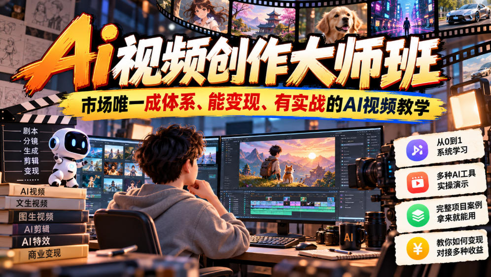 Ai视频创作大师班，市场唯一成体系、能变现、有实战的AI视频教学(更新2026)-轻资本网