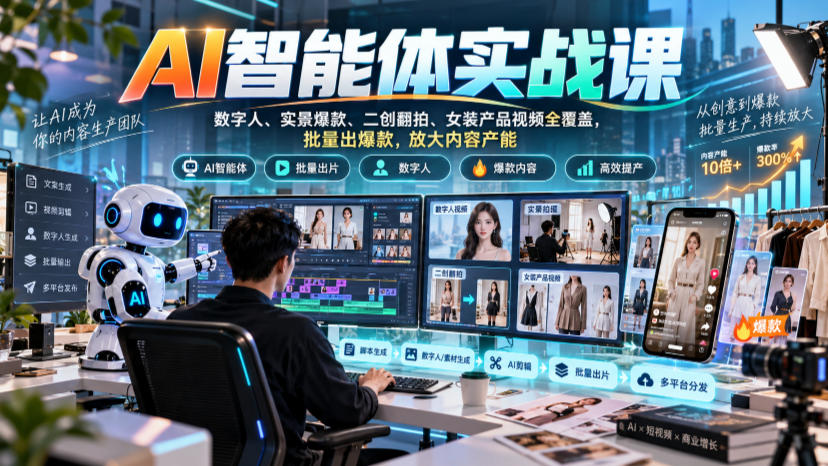 AI智能体实战课，数字人、实景爆款、二创翻拍、女装产品视频全覆盖，批量出爆款，放大内容产能-轻资本网