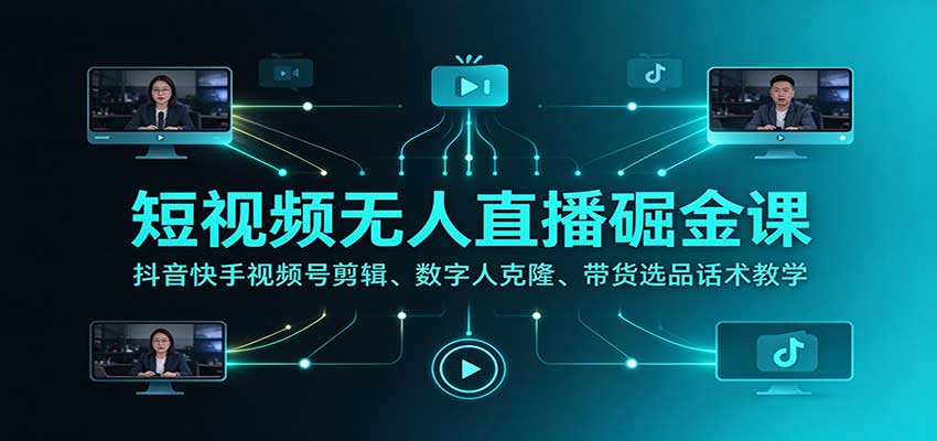 短视频无人直播掘金课：抖音快手视频号剪辑、数字人克隆、带货选品话术教学-轻资本网