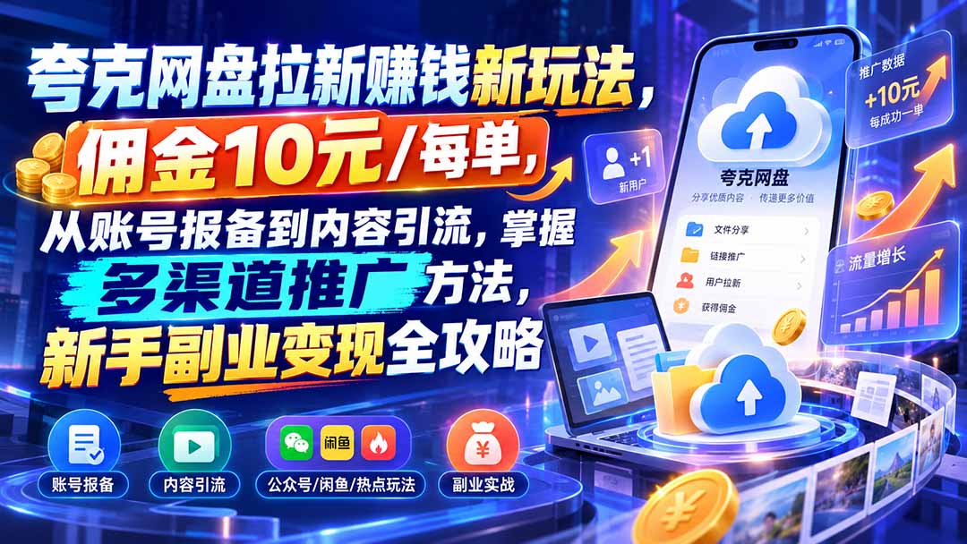 夸克网盘拉新赚钱新玩法，佣金10元/每单，从账号报备到内容引流，掌握多渠道推广方法，新手副业变现全攻略-轻资本网