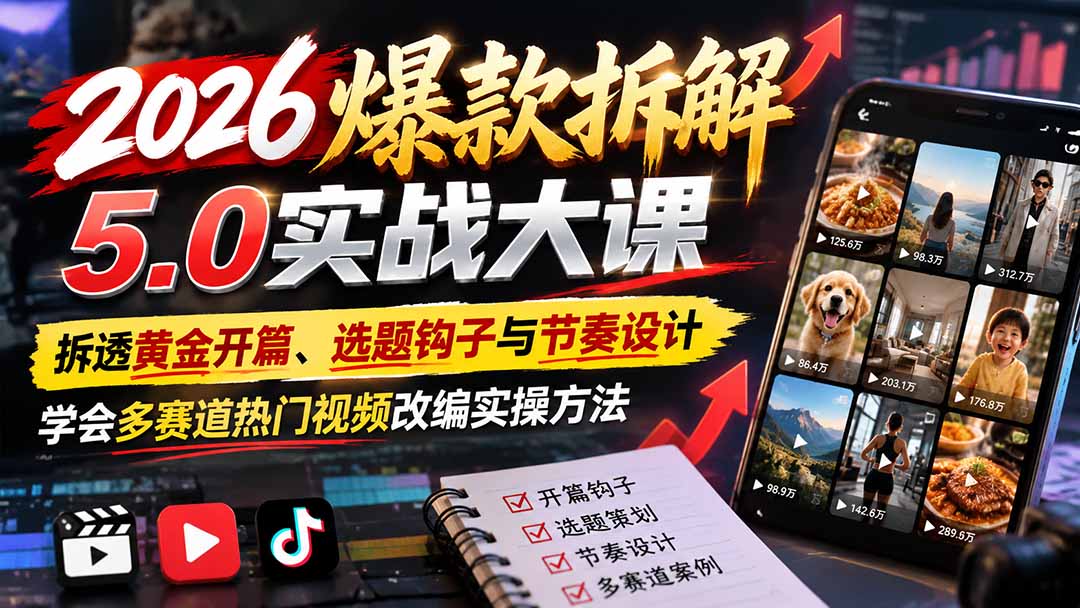 2026爆款拆解5.0实战大课：拆透黄金开篇、选题钩子与节奏设计，学会多赛道热门视频改编实操方法-轻资本网