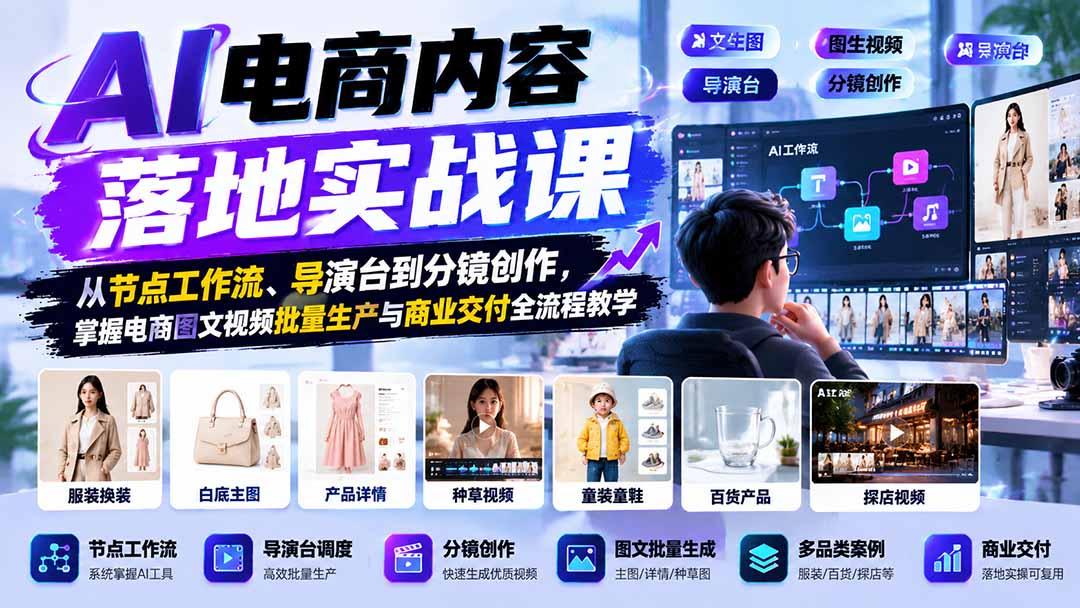 AI电商内容落地实战课：从节点工作流、导演台到分镜创作，掌握电商图文视频批量生产与商业交付全流程教学-轻资本网