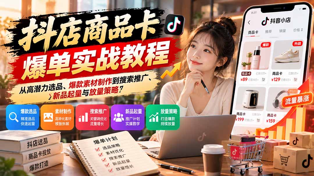 抖店商品卡爆单实战教程：从高潜力选品、爆款素材制作到搜索推广、新品起量与放量策略-轻资本网