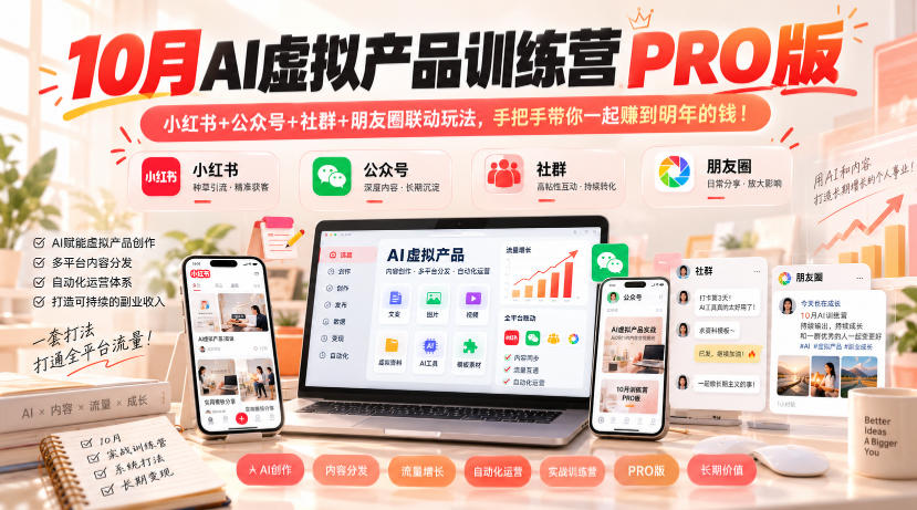 10月AI虚拟产品训练营PRO版，小红书+公众号+社群+朋友圈联动玩法，手把手带你一起赚到明年的钱！(更新1024)-轻资本网