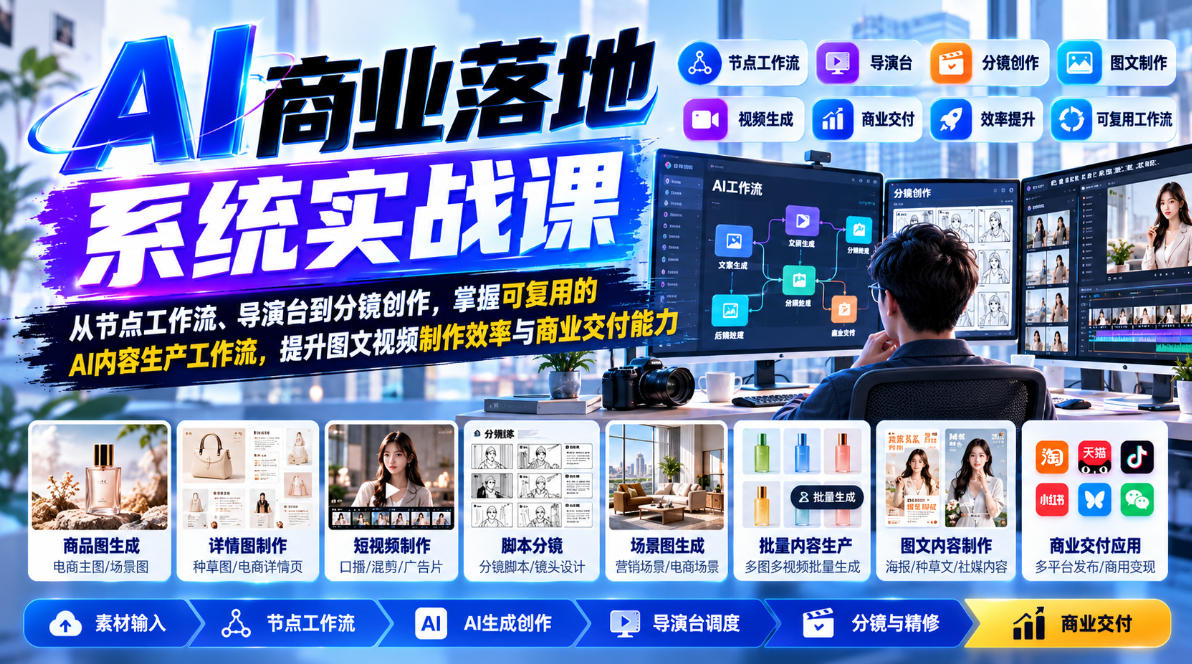 【无水印】AI商业落地系统实战课，从节点工作流、导演台到分镜创作，掌握可复用的AI内容生产工作流，提升图文视频制作效率与商业交付能力-轻资本网