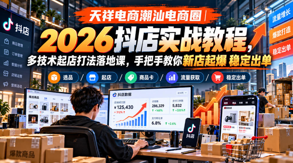 天祥电商潮汕电商圈｜2026抖店实战教程，多技术起店打法落地课，手把手教你新店起爆稳定出单-轻资本网