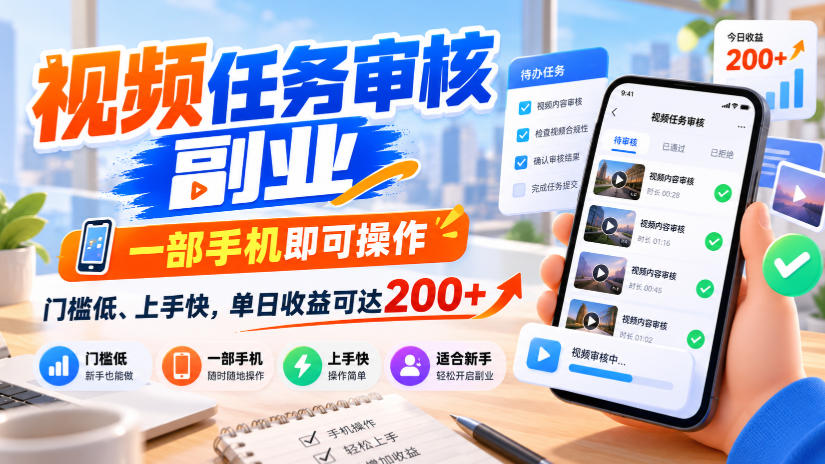 视频任务审核副业，一部手机即可操作，门槛低、上手快，单日收益可达200+【揭秘】-轻资本网