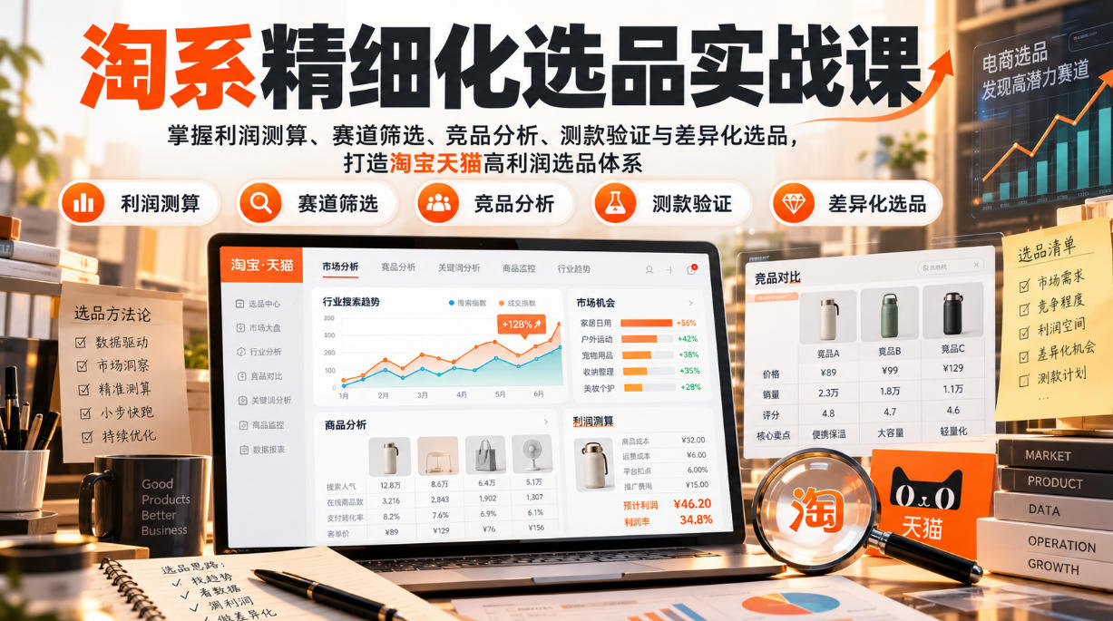 货架电商精细化选品实战课：掌握利润测算、赛道筛选、竞品分析、测款验证与差异化选品，打造淘宝天猫高利润选品体系-轻资本网