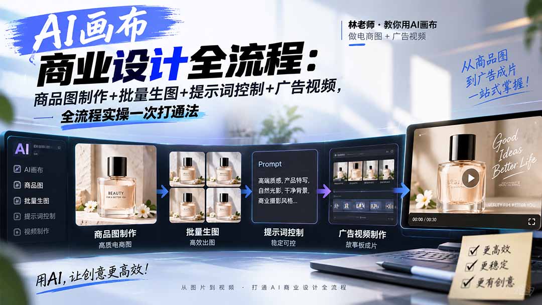 AI画布商业设计全流程-更新1026：商品图制作+批量生图+提示词控制+广告视频，全流程实操一次打通法-轻资本网