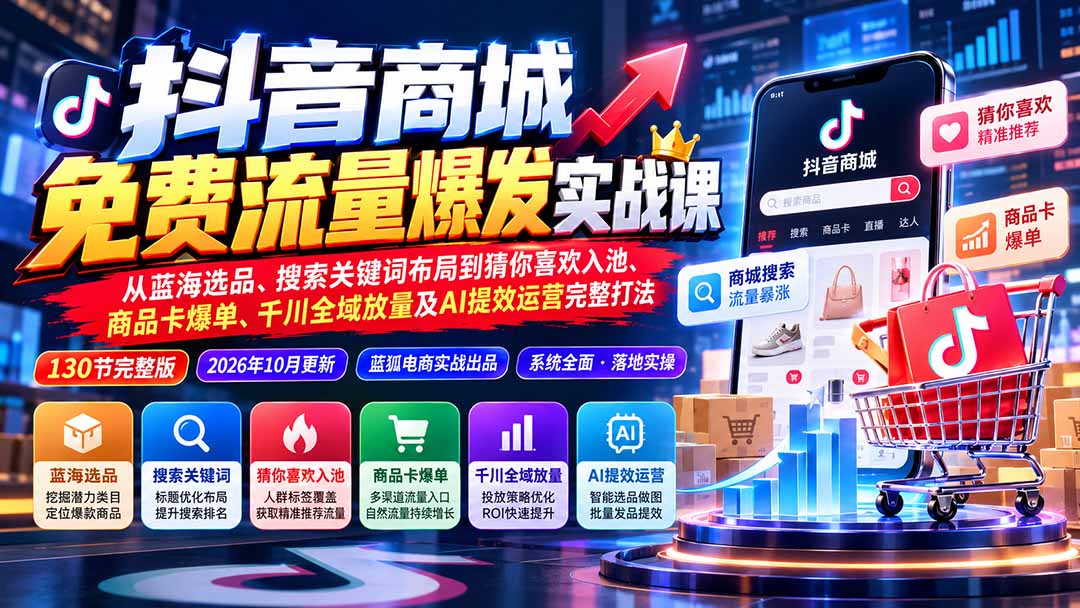 抖店城免费流量爆发实战-更新：蓝海选品、搜索关键词布局到猜你喜欢入池、商品卡爆单、千川全域放量及AI提效完整打法-轻资本网