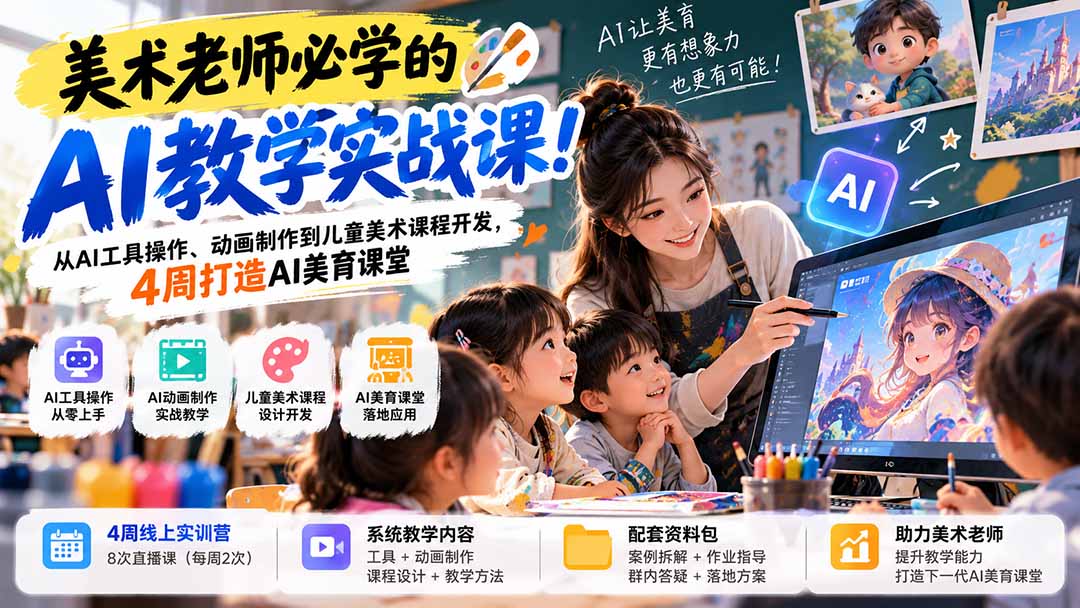 美术老师必学的AI教学实战课！从AI工具操作、动画制作到儿童美术课程开发，4周打造AI美育课堂-轻资本网