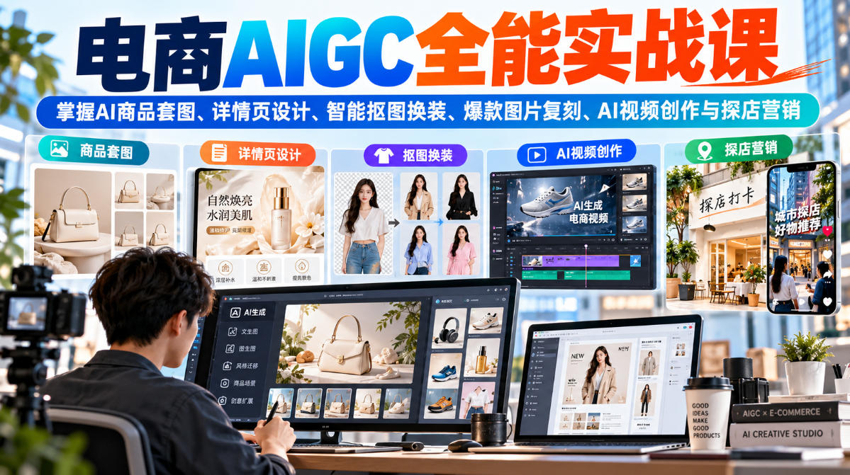 电商AIGC全能实战课：掌握AI商品套图、详情页设计、智能抠图换装、爆款图片复刻、AI视频创作与探店营销-轻资本网