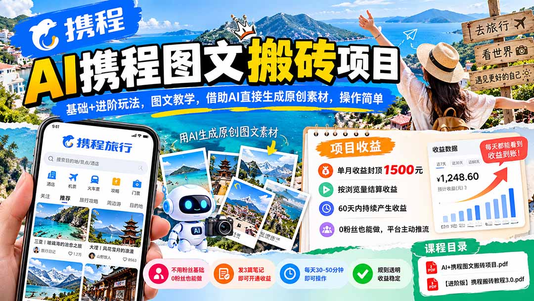 AI携程图文搬砖项目，基础+进阶玩法，图文教学，借助AI直接生成原创素材，操作简单-轻资本网