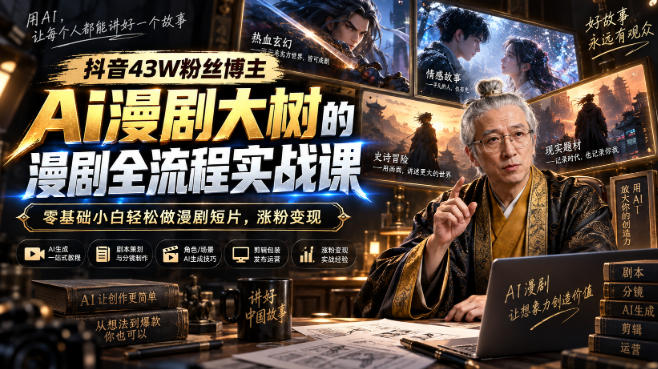 抖音43W粉丝博主Ai漫剧大树的漫剧制作全流程实战课，零基础小白轻松做漫剧短片，涨粉变现(更新1027)-轻资本网